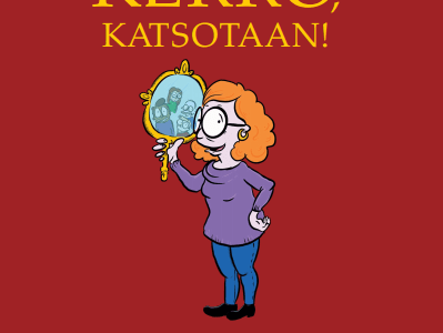 Punainen kirjan kansi. Oranssihiuksinen, piirretty, naishahmo katsoo lukijaan päin, kädessään peili, josta heijastuu neljän oppilaan kasvot.