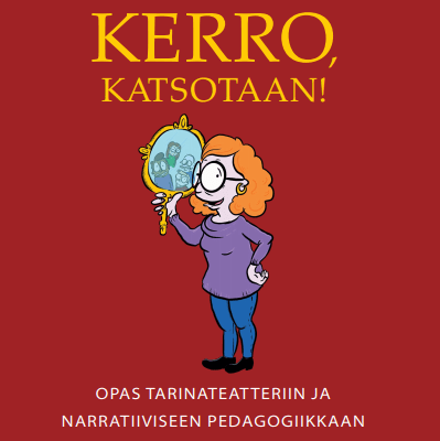 Punainen kirjan kansi. Oranssihiuksinen, piirretty, naishahmo katsoo lukijaan päin, kädessään peili, josta heijastuu neljän oppilaan kasvot.