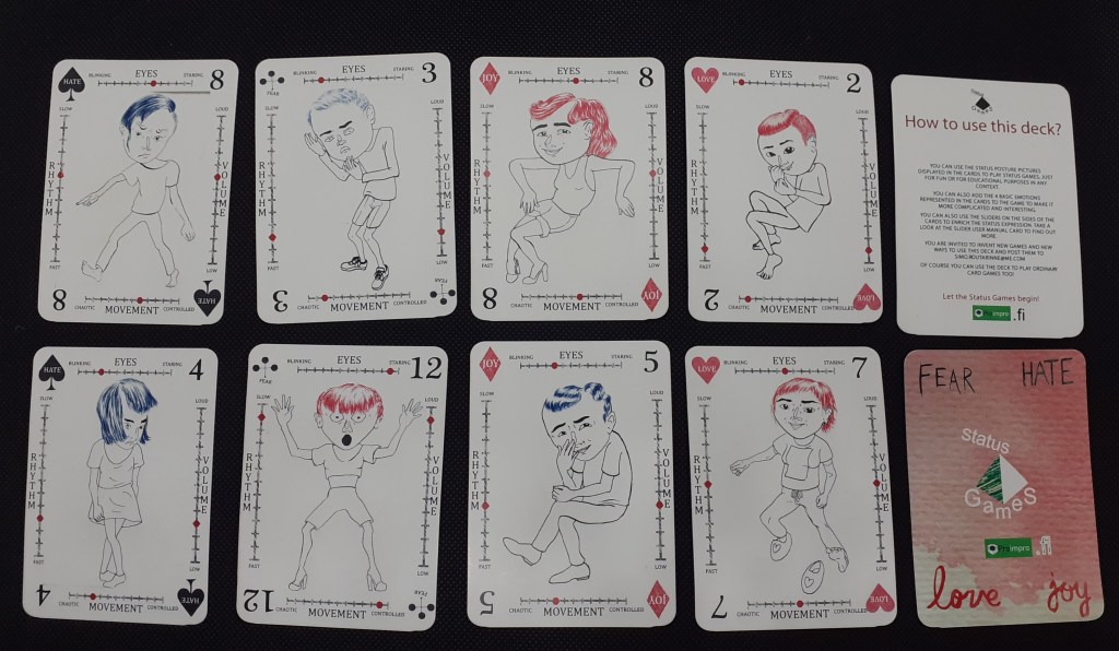Kymmenen pelikorttia, jotka on jaettu kahteen riviin. Kahdeksassa vasemman puoleisessa kortissa arvojen mukaisissa asennoissa ihmishahmoja. Oikealla ylärivissä ohjekortti. Alarivissä Proimpro.fi Status Games -korttipakan taustakuv, jossa on tekstiä ja keskellä tetrakuvio.