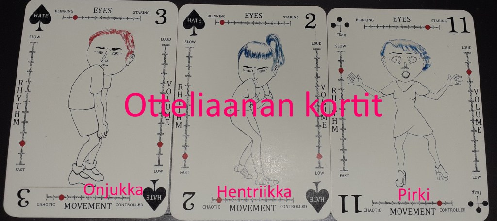 Otteliaanan kortit: Onjukalle patakolmonen, Hentriikalle patakakkonen ja Pirkille ristiyksitoista. 