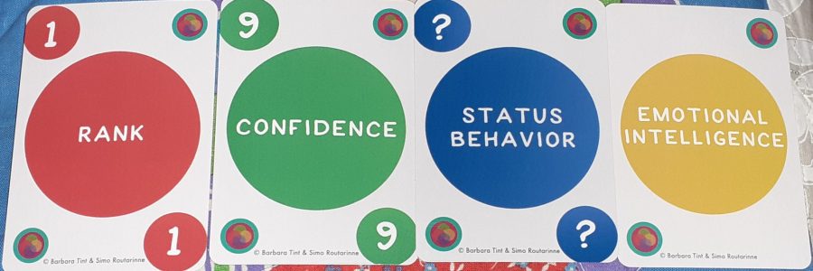 Neljä eriväristä statuskorttia. Punainen rank-kortti, jossa arvo 1. Vihreä confidence-kortti, jossa arvo 9. Sininen status behavior-kortti, jossa arvona kysymysmerkki. Keltainen vahvuuskortti, jossa vahvuutena emotional intelligence.