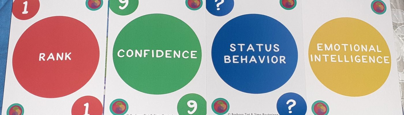 Neljä eriväristä statuskorttia. Punainen rank-kortti, jossa arvo 1. Vihreä confidence-kortti, jossa arvo 9. Sininen status behavior-kortti, jossa arvona kysymysmerkki. Keltainen vahvuuskortti, jossa vahvuutena emotional intelligence.